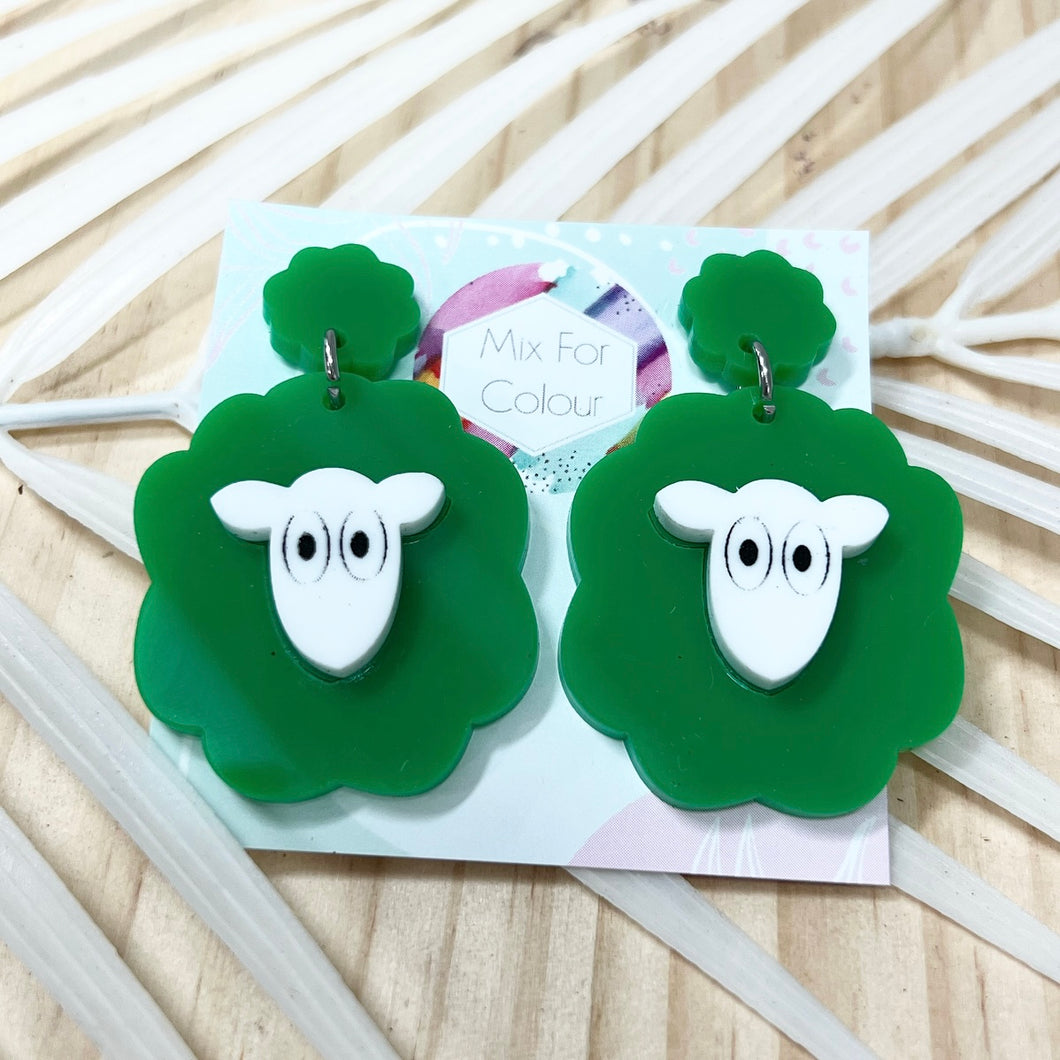 ~ Sheep Dangle Earrings in Green