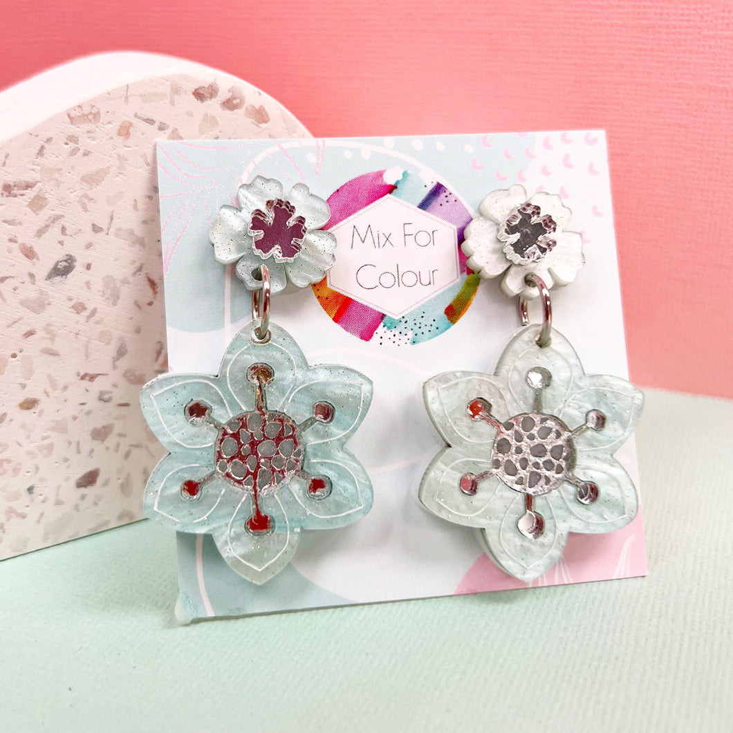 ~ Flower Pop Dangle Earrings in Aqua Shimmer